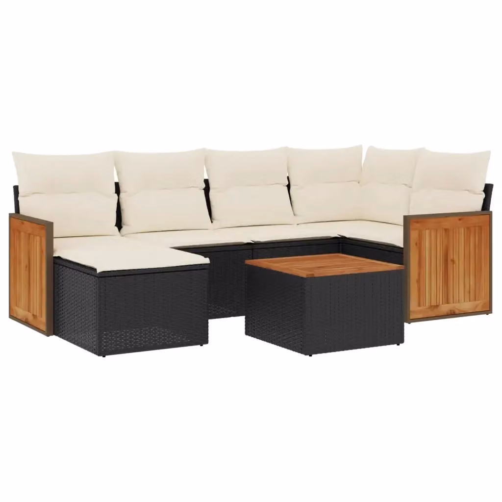 vidaXL Set Divani da Giardino a L con Cuscini 7pz in Polyrattan Nero e Legno di Acacia – 2