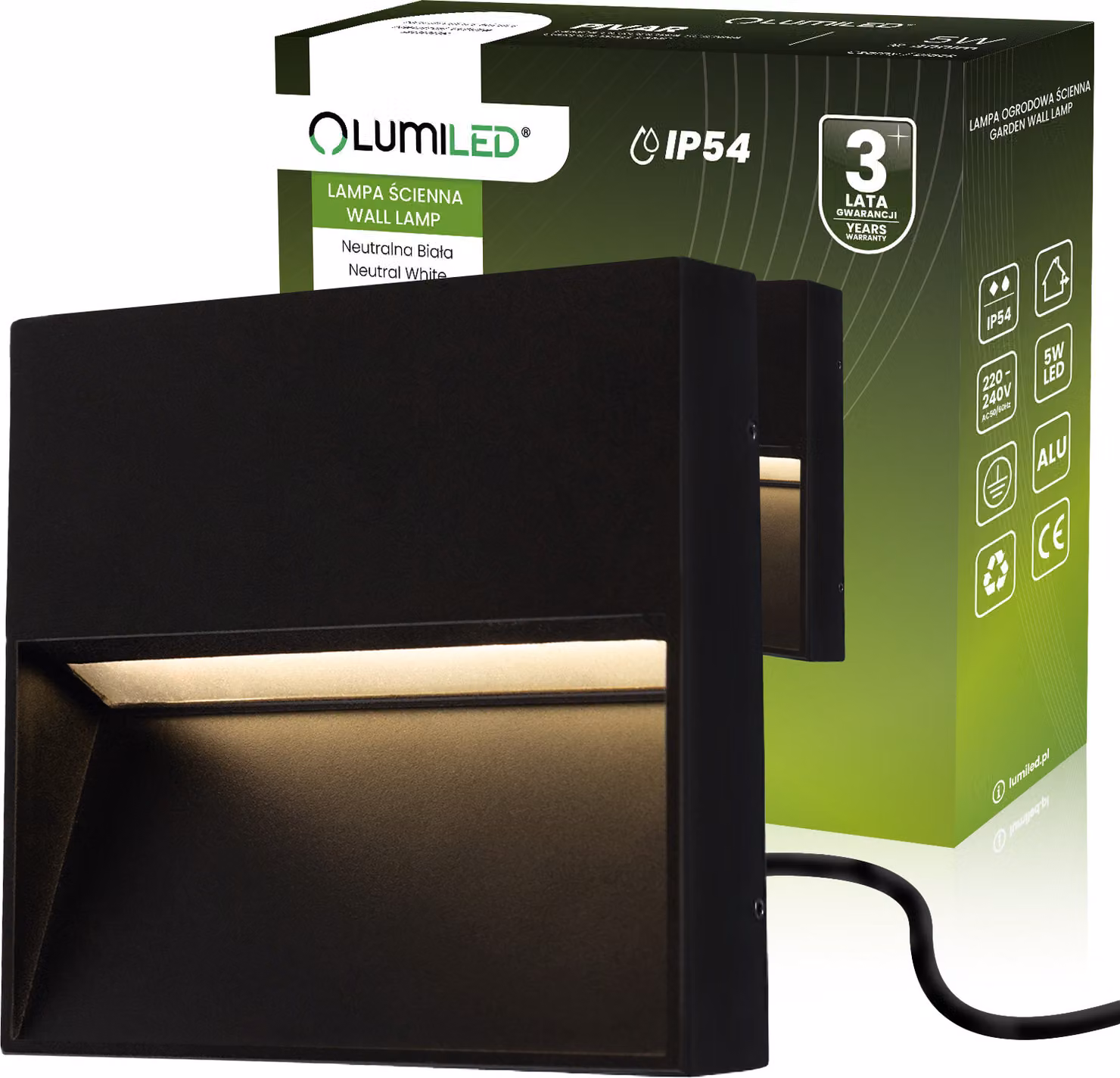 LUMILED applique da esterno 5W moderno 230V 4000 K bianco neutro lampada da parete lampada da esterno lampada da parete vetro temperato alluminio nero IP54 impermeabile esterno giardino lampada da giardino