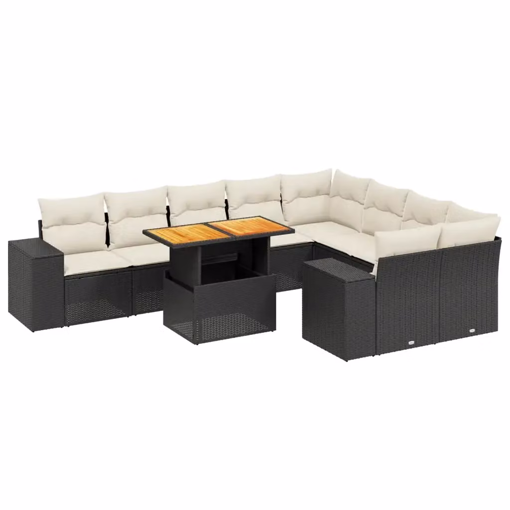 vidaXL Set Divani da Giardino a Forma di U in Polyrattan Nero con Cuscini e Tavolino da Esterno – 2