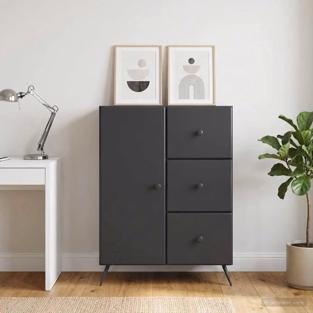 Credenza moderna vidaXL in nero con finitura opaca, realizzata in MDF e metallo, L 66 cm x P 34,5 cm x H 90 cm