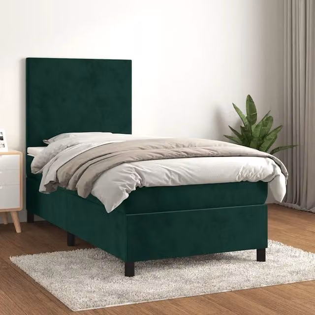 Letto Ibrido vidaXL con Giroletto a Molle e Materasso in Velluto Verde Scuro e Bianco, L/P/H: 100 x 200 x 128 cm – 1