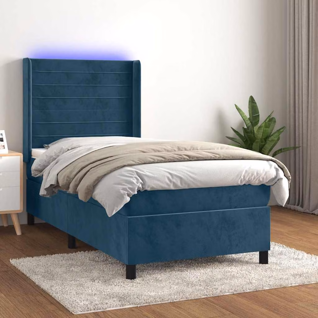 Letto Ibrido con Materasso a Molle Insacchettate vidaXL in Velluto Blu con Illuminazione LED e Porte USB, L/P: 90 x 200 cm