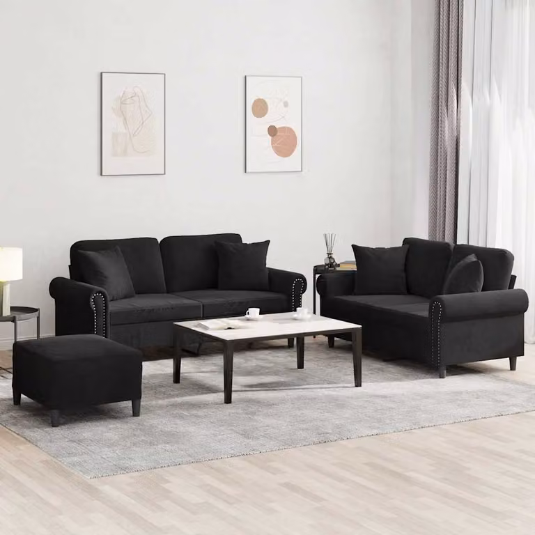 Set di divani 3 pezzi vidaXL in velluto nero con cuscini per soggiorno moderno