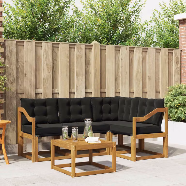 Set di divani da esterno vidaXL a forma di L con tavolo da caffè, struttura in legno di acacia trattato e sedute in tessuto textilene, colore marrone e nero