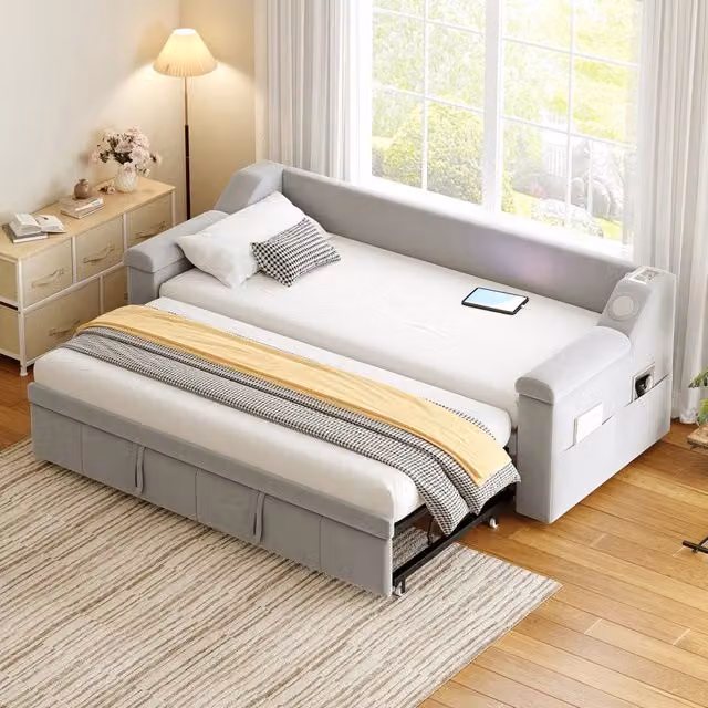 Divano letto 90x190 trasformabile in 180x190; velluto grigio chiaro con Bluetooth e USB