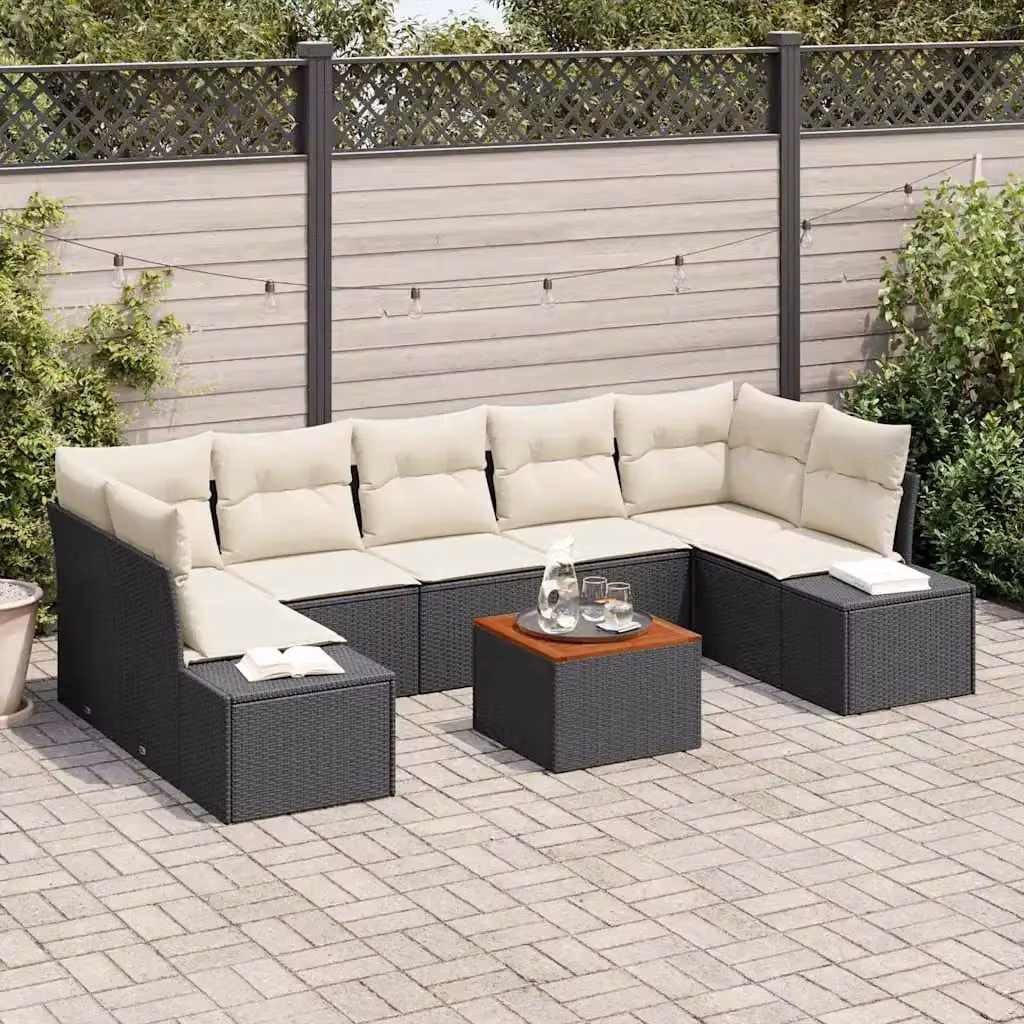Set Divano da Giardino vidaXL 8 Pezzi in Polyrattan con Cuscini Nero e Beige – 1