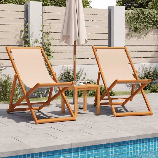 Set di 2 sedie da esterno pieghevoli in legno e tessuto beige resistente ai raggi UV con braccioli