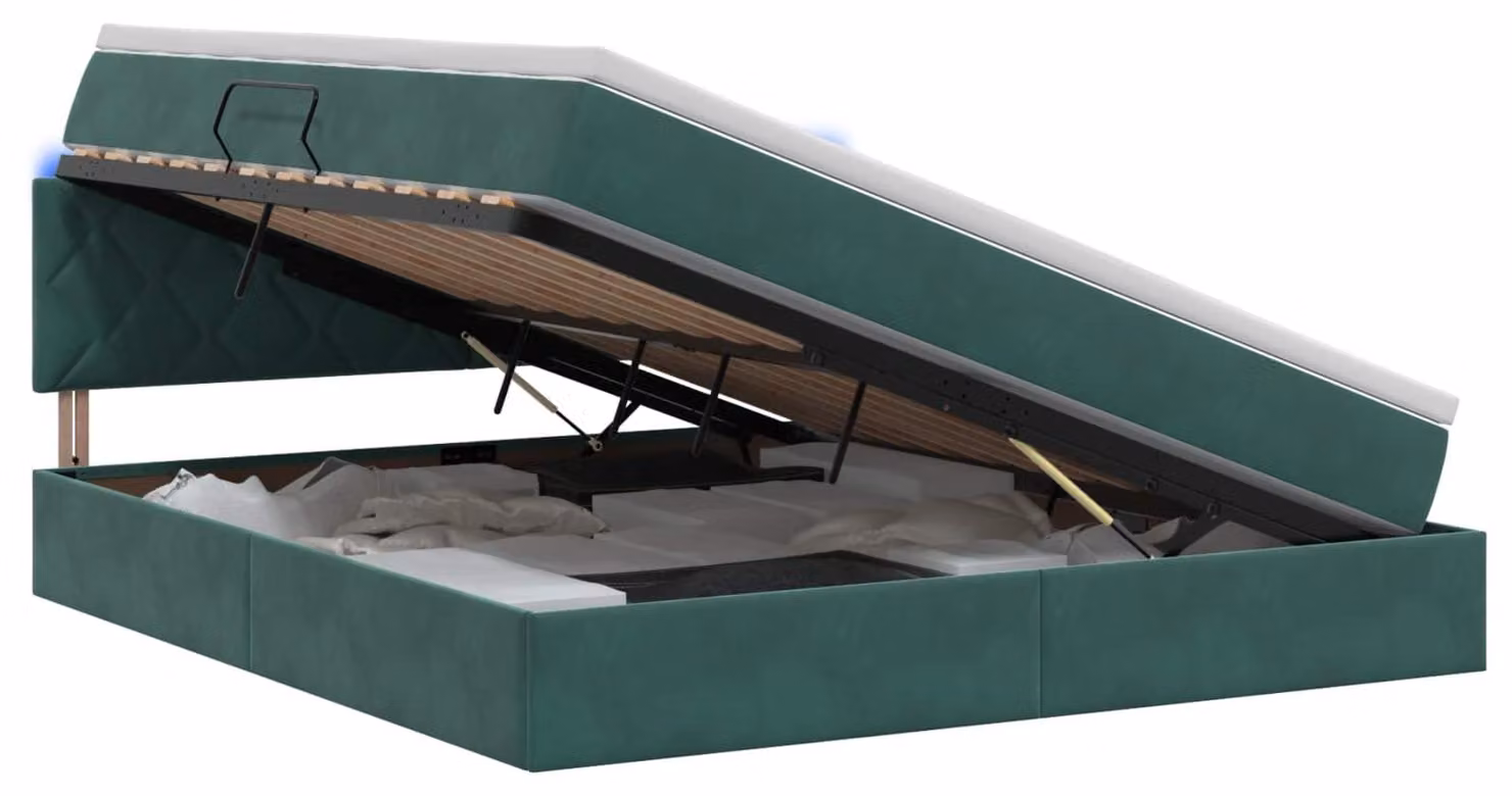 Letto imbottito con tecnologia LED e materasso, colore verde scuro, dimensioni 180 x 200 cm, rivestito in velluto