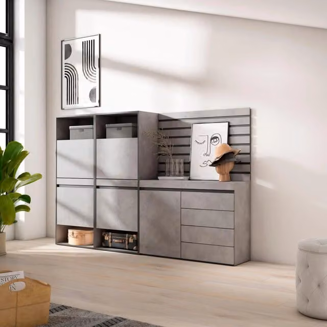 Scarpiera, 227x35x145cm, Camera da letto, Cassettiera, Pannelli Decorativi, grigio cemento RF3524