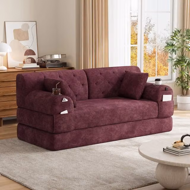 Divano letto 168.0x80.0x81.0 cm con schienale alto; 4 tasche e 2 portabicchieri in velluto a coste rosso vino