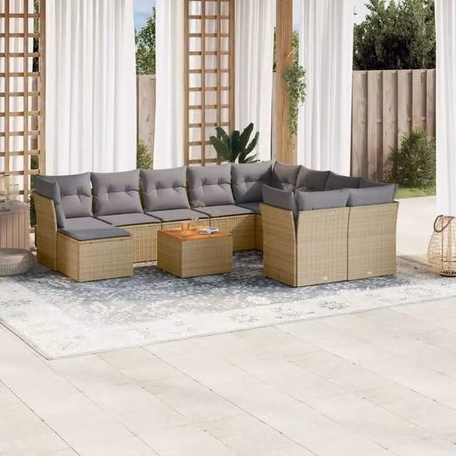 Set Divano da Giardino a Forma di U vidaXL in Polyrattan con Cuscini Beige e Grigio e Tavolino da Esterno 11 Pezzi