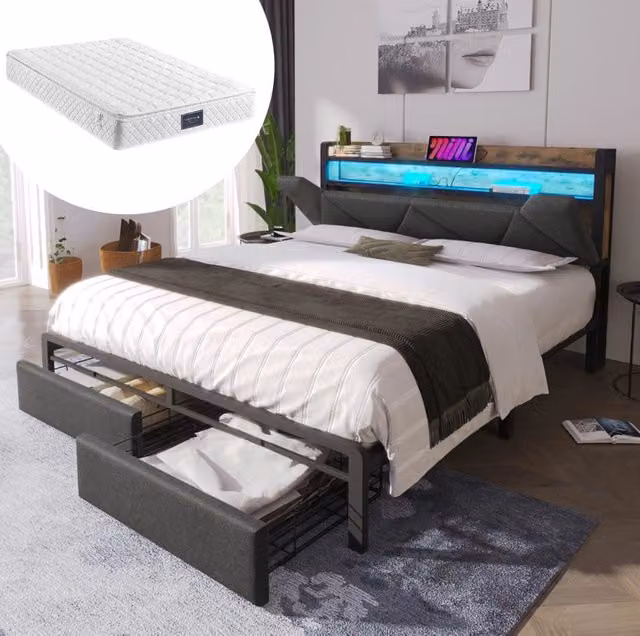 Letto matrimoniale 160x200 cm con LED, USB-C e cassetti, grigio