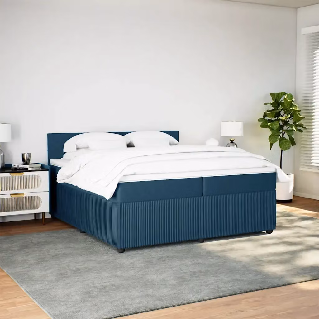 Letto Ibrido vidaXL con Materasso in Velluto Blu e Bianco, Struttura in Legno di Pino, L/P: 200 x 200 cm – 2