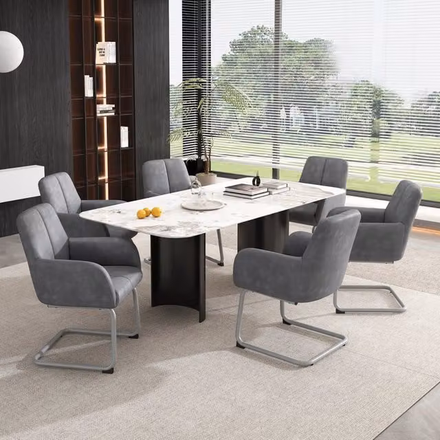 Sedie da pranzo set 6 con braccioli design ergonomico imbottitura in schiuma ad alta densità in pelle grigia