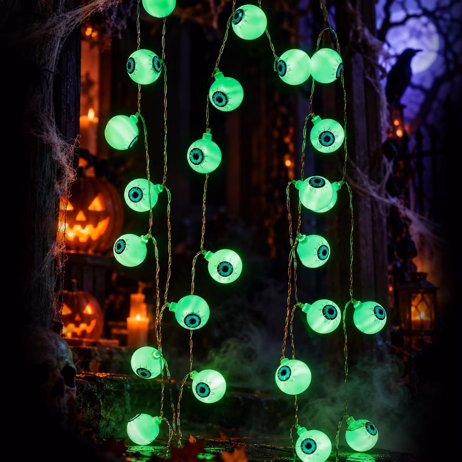 Catena luminosa a tema Halloween con occhi di fantasma, 20 LED, 3 metri, verde, alimentata a batteria