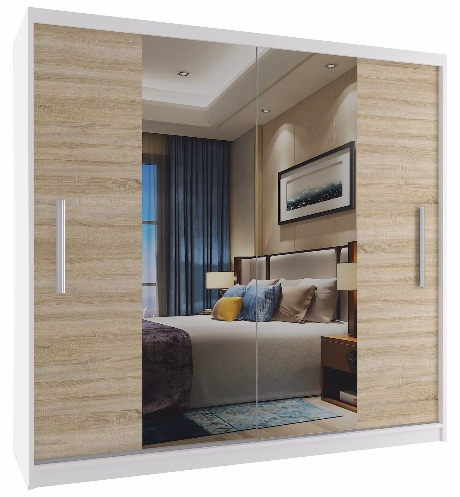 BELINI Verona, armadio scorrevole da 200 cm, bianco/effetto legno sonoma opaco. Armadio con specchio e asta appendiabiti, ideale per la camera da letto