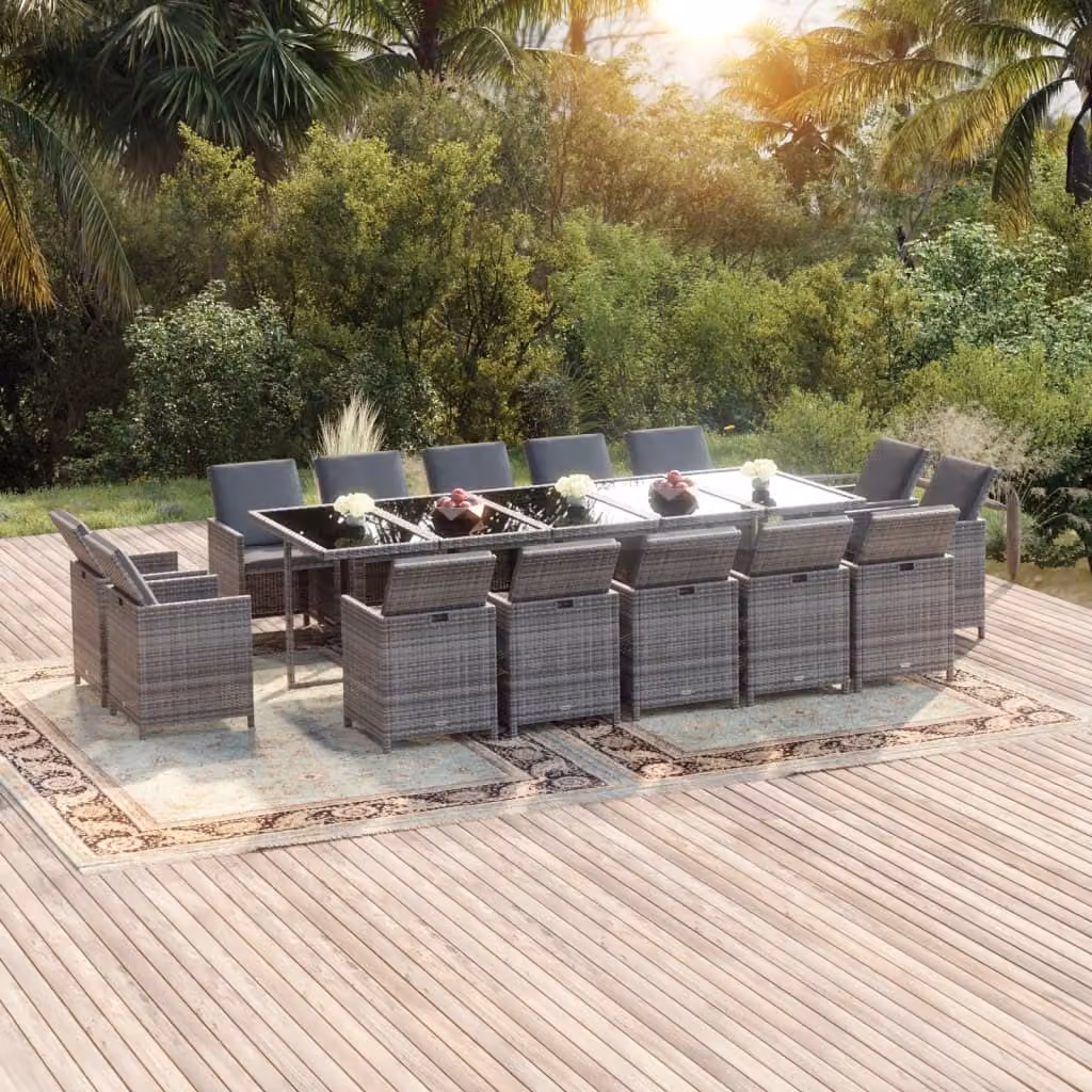 The Living Store Set da pranzo da giardino da 15 pezzi con cuscini in poly rattan grigio