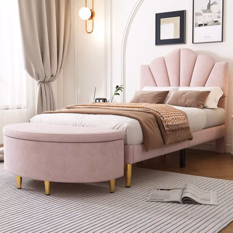 Letto imbottito Flieks 90x200cm con sgabello, letto per ragazzi con rete a doghe, cameretta completa, letto singolo con cassettone, velluto, rosa