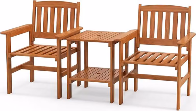 set di mobili da giardino a 3 pezzi, set bistrot in legno con fori per ombrellone, schienale e braccioli, set di sedute con tavolino a 2 livelli, natura