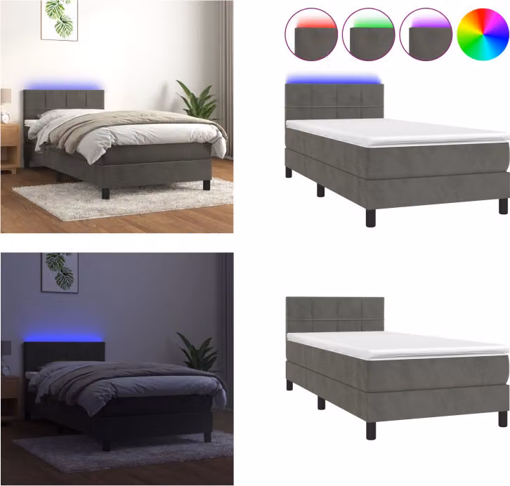 vidaXL Letto a molle con materasso e LED in velluto grigio scuro 90x200 cm - Letto a molle - Boxspringbetten - Bett - Schlafzimmermöbel
