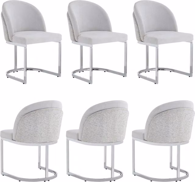 Set da 6 Sedie da Pranzo in Chenille Grigio Chiaro con Gambe in Metallo Argentato, Design Moderno