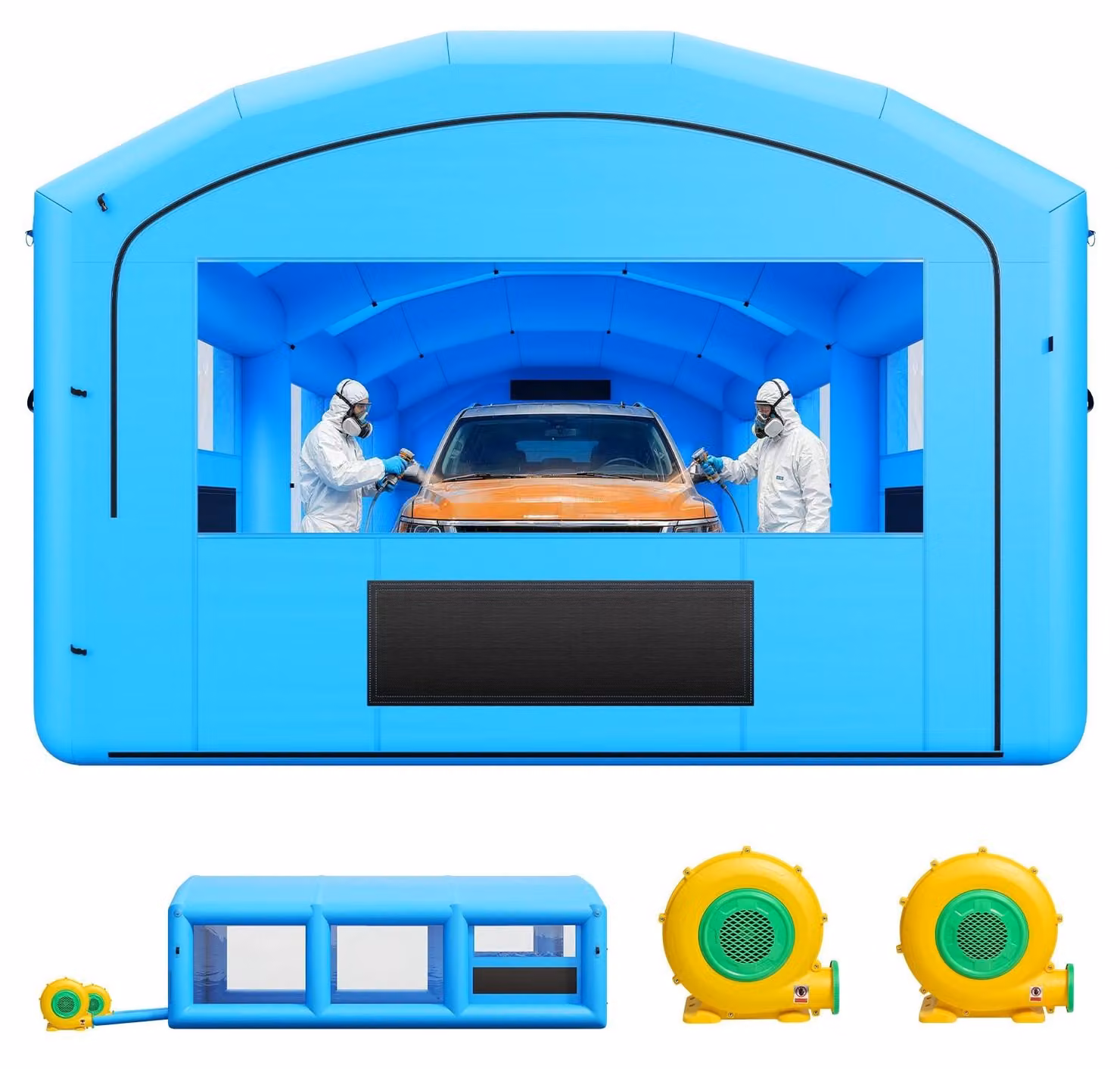 Cabina di verniciatura gonfiabile - Cabina di verniciatura, tenda per verniciatura, dimensioni 8,5 x 4,5 x 3 metri - Dotata di ventole da 750 W e 950 W - Sistema di filtraggio con carbone attivo - Finestre in PVC - Adatta per autovetture e imbarcazioni -