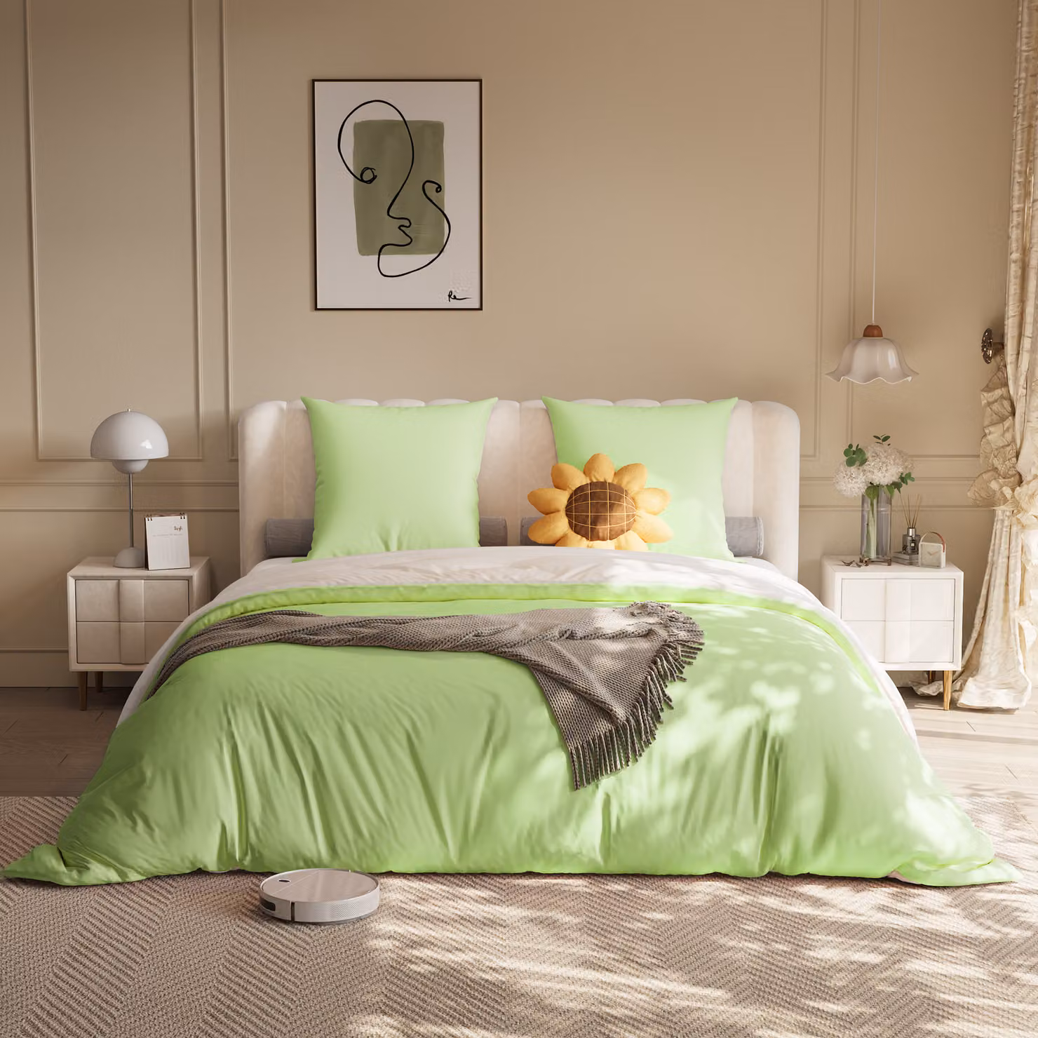 Set 4 pezzi di biancheria da letto in poliestere, 140 x 200 cm, fantasia a quadri in cotone, resistente alle pieghe e allo sbiadimento - Verde