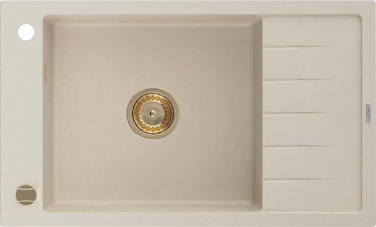 Mexen Elias lavello in granito a 1 vasca con gocciolatoio 795 x 480 mm, beige, sifone dorato - 6511791005-69-G
