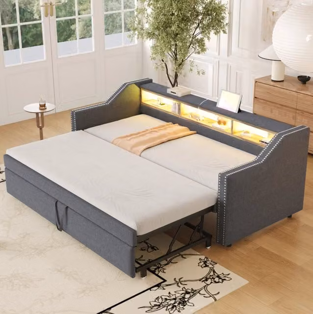 Divano letto estraibile imbottito 90/180x190 cm grigio scuro con USB, LED e rete