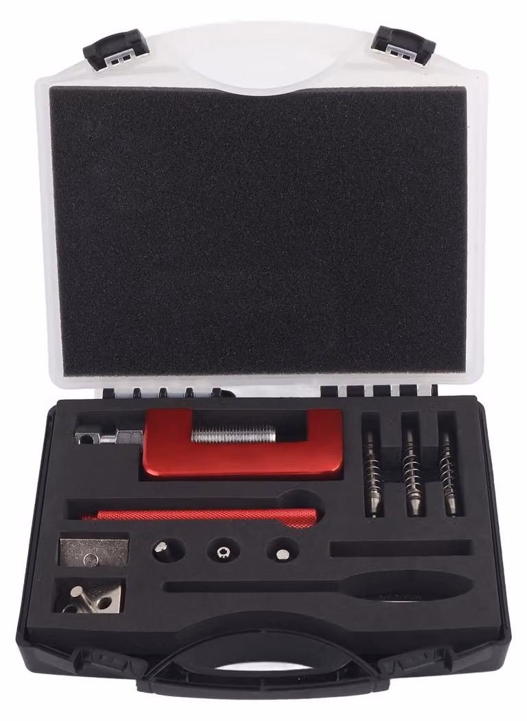 Set di 12 elementi per la rottura delle catene - Kit di strumenti per rivetti - Tagliacatene universale - Lega di acciaio - Con custodia - Include 3 punzoni di diverse dimensioni - Set di rivetti