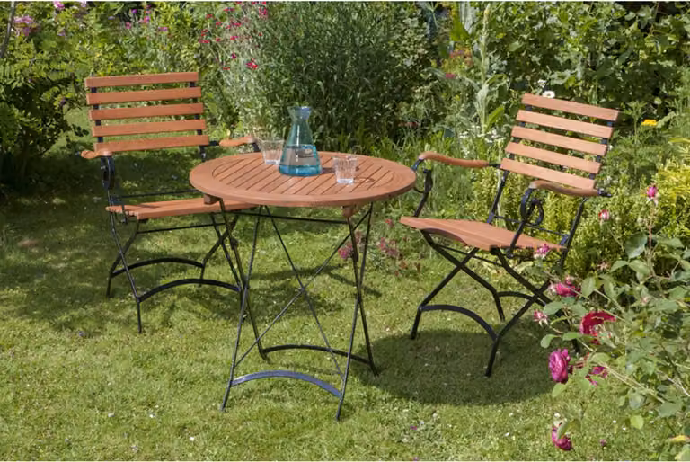 Set da balcone Merxx Schlossgarten 3 pezzi, 2 sedie pieghevoli, tavolo pieghevole Ø 70 cm - acciaio piatto con eucalipto