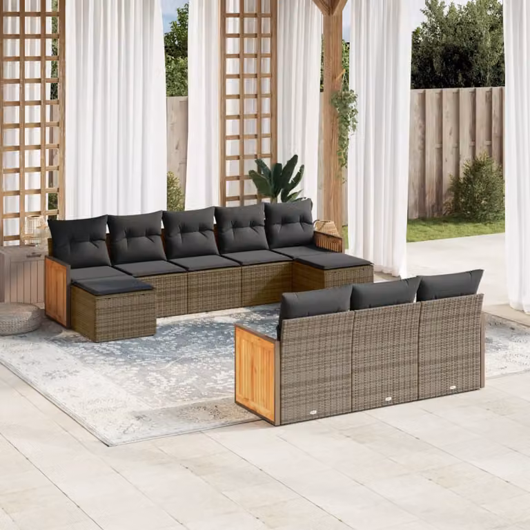 Set Divano da Giardino 10 pz vidaXL in Polyrattan Grigio con Cuscini e Forma a L