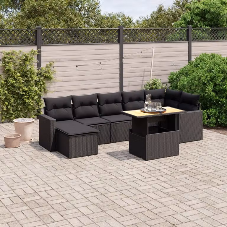 vidaXL Set Divani da Giardino a L in Polyrattan Nero con 8 Cuscini e Tavolino