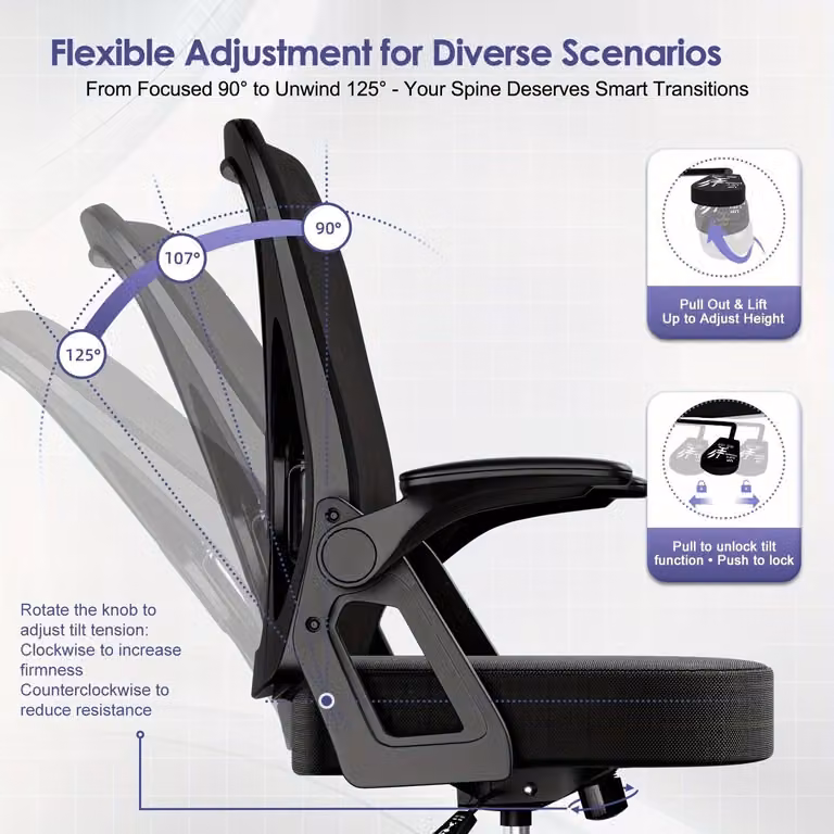Sedia da ufficio ergonomica, con supporto lombare regolabile, braccioli pieghevoli e ruote morbide