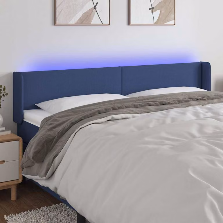 Testiera per letto vidaXL in tessuto blu con illuminazione LED e porta di ricarica USB, L: 183 cm, P: 16 cm, H: 78-88 cm