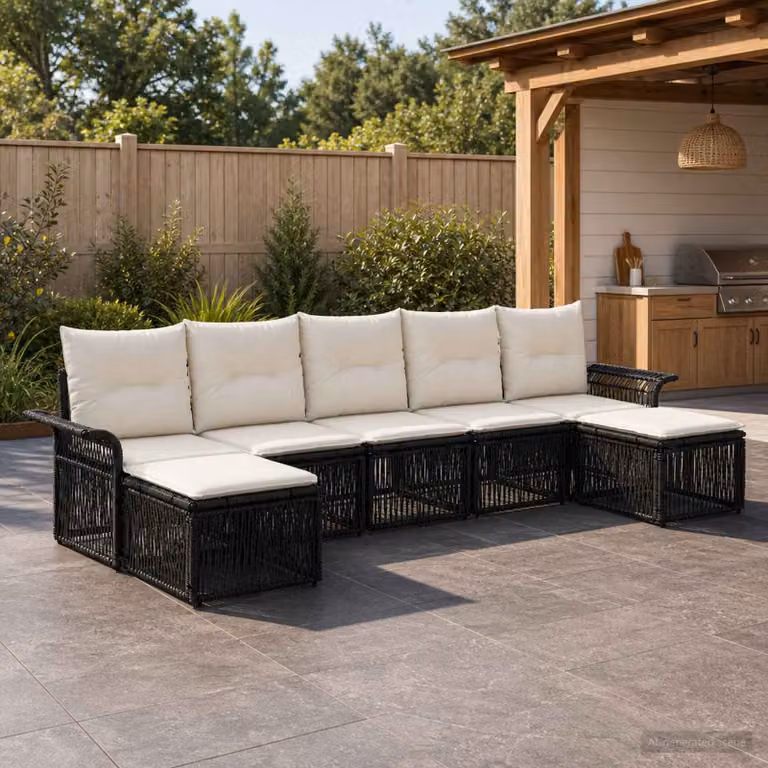 Set Divano da Giardino vidaXL 7 pz a Forma a L in Polyrattan Nero con Cuscini e Ottoman