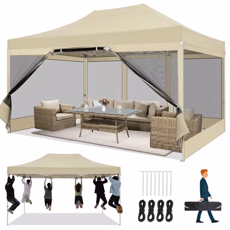 Gazebo da giardino pieghevole, 3x4,5 metri, impermeabile, stabile, con 4 pareti laterali, zanzariera, anti-UV, color kaki