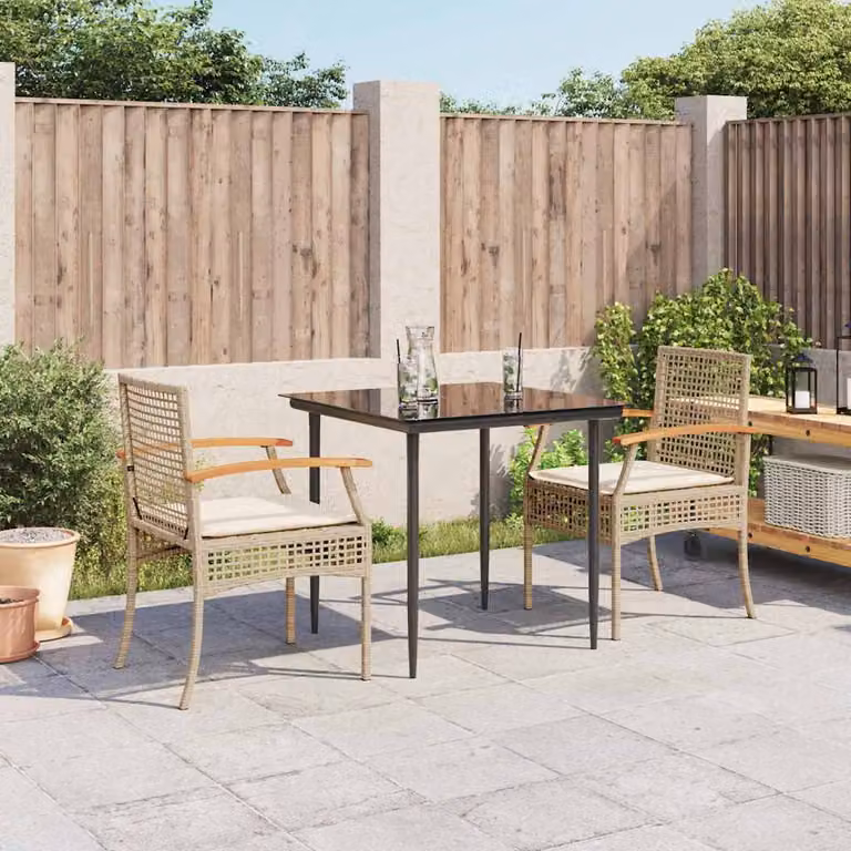 Set da Pranzo da Giardino 3 pz vidaXL in Polyrattan e Legno di Acacia con Cuscini Beige e Tavolo in Vetro