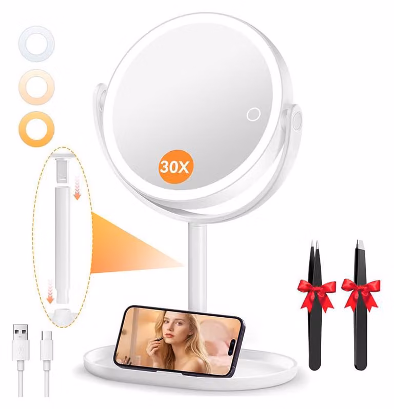 Specchio da trucco ingrandente 30x con luce, specchio da trucco ricaricabile da 9 pollici