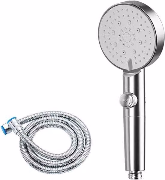 Soffione a risparmio idrico con booster regolabile e arresto con un solo pulsante - Alta pressione, universale (argento) con tubo flessibile
