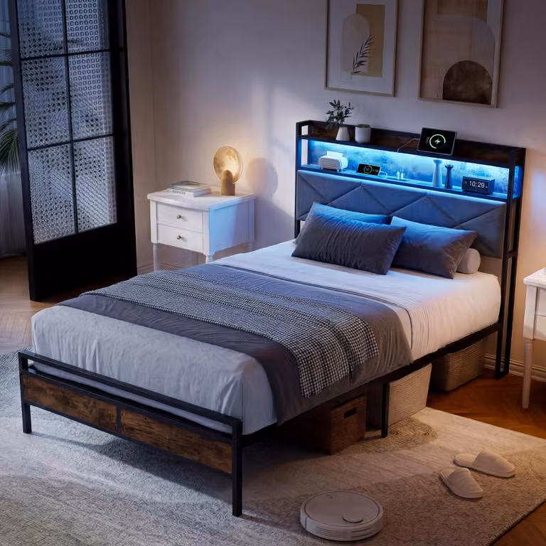 Letto in metallo ProximaX 90x200 cm in stile industriale – LED, testiera con vano portaoggetti e porta USB-C, rivestimento in velluto, letto singolo