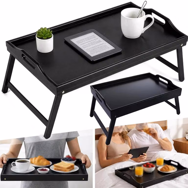 Tavolino pieghevole per laptop/tablet - Realizzato in bambù - Gambe pieghevoli - Maniglie per il trasporto - Forma rettangolare - Set da 2