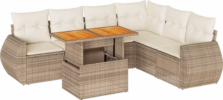Set Divani da Giardino 7 pz con Cuscini Beige in Polyrattan