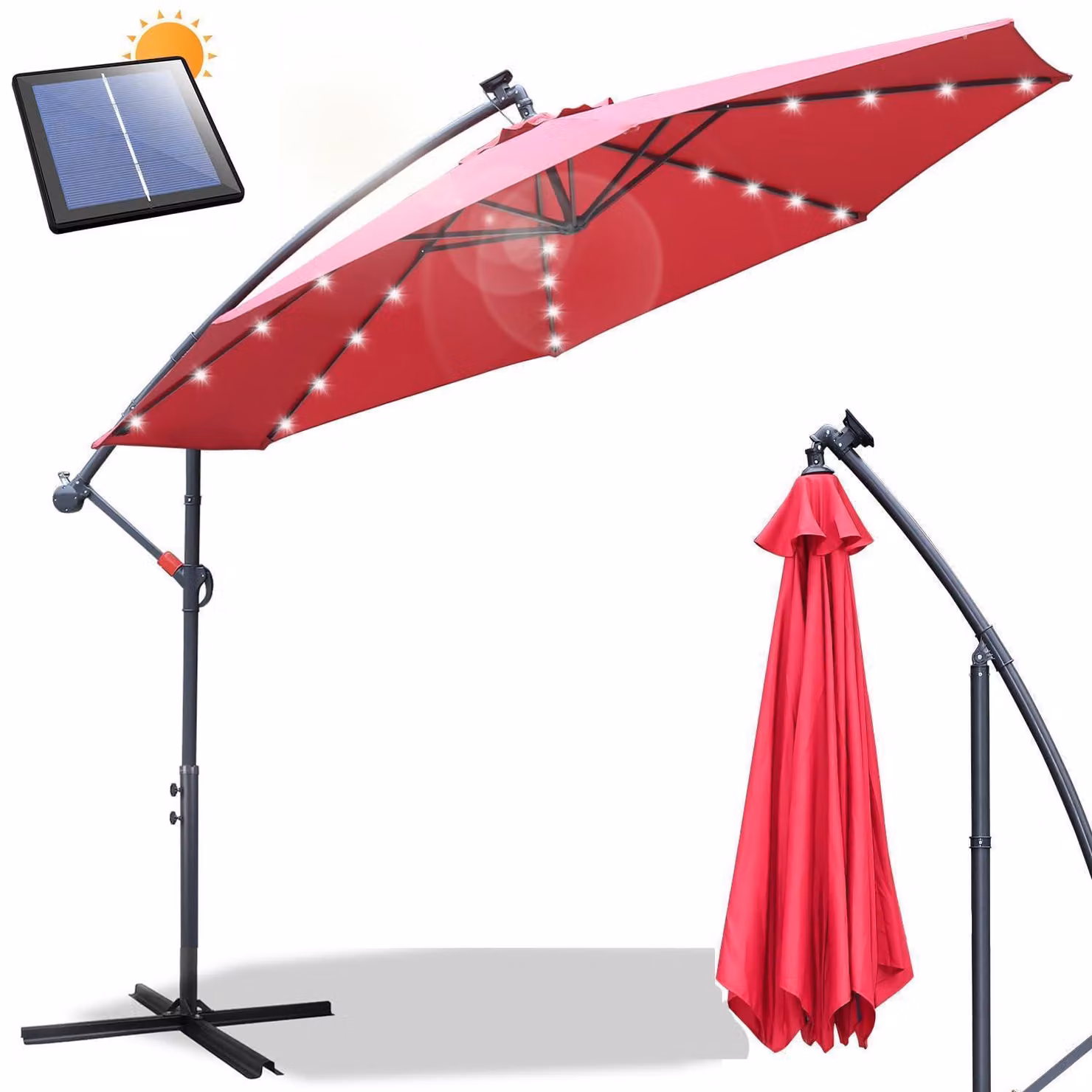 Ombrellone da giardino con manovella, diametro 300 cm, colore rosso, con luci LED solari, resistente all'acqua, inclinabile