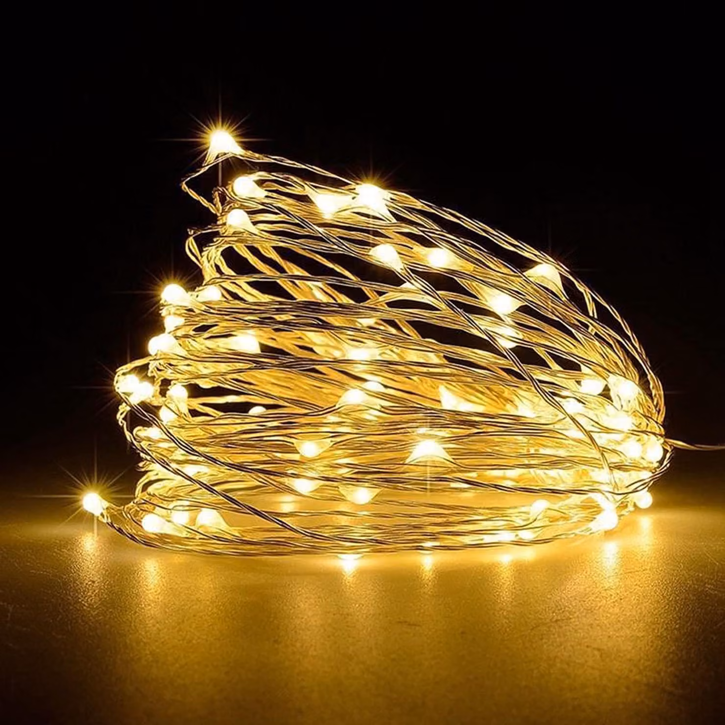 Catena luminosa a LED, 10 metri, 100 LED, luce bianco caldo, set da 2, alimentazione a batteria
