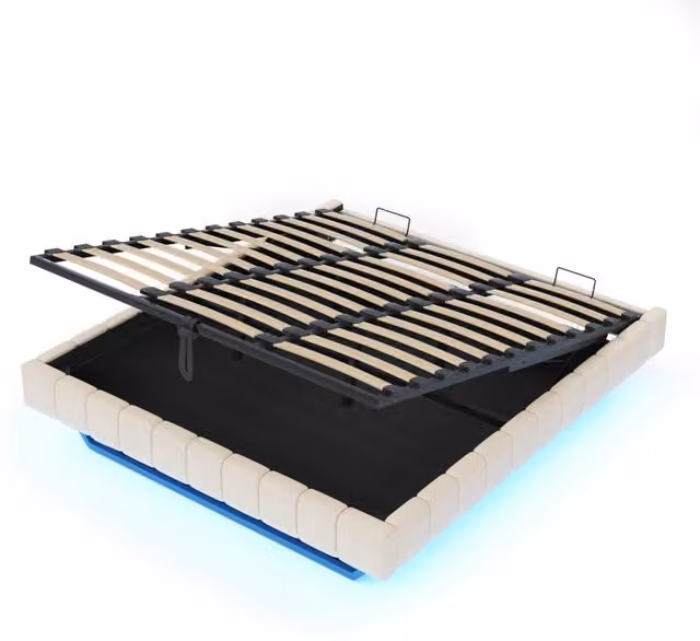 Letto imbottito 180x200 cm con contenitore idraulico e illuminazione LED, senza testiera, lino beige