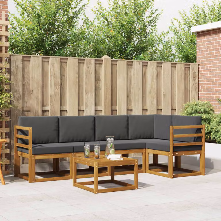 Set di divani da esterno vidaXL 6 pz in legno di acacia con tavolo da caffè e cuscini, forma a L, beige e antracite