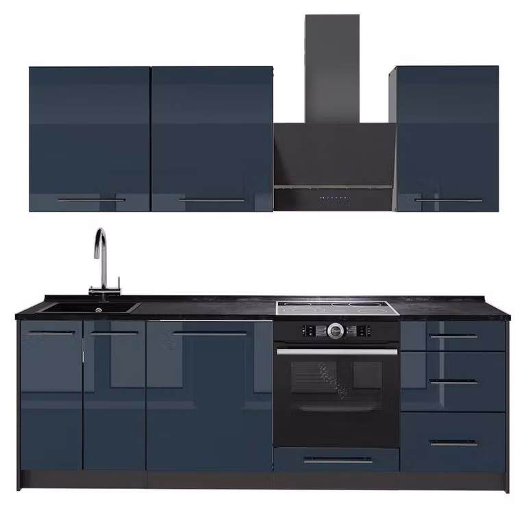 Cucina componibile Vicco Fame-Line Blu scuro lucido/Antracite 230 cm senza piano di lavoro, Model 63963