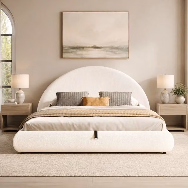 Letto matrimoniale 180x200 cm con contenitore e alzata idraulica; rivestito in bouclé bianco