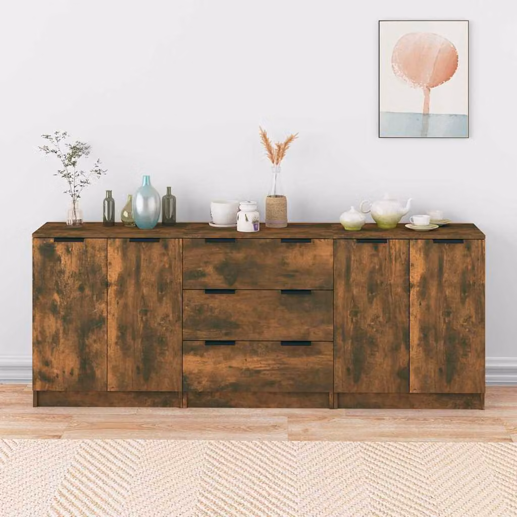 Set di 3 credenze vidaXL in legno multistrato color rovere fumo per la tua sala da pranzo, modello minimalista a parete – 1